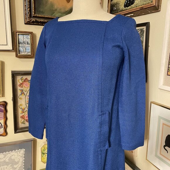 60s Vintage Classic Dark Blue Square Neck Burlap Shift Dress with Pockets Size M - Picture 2 of 7